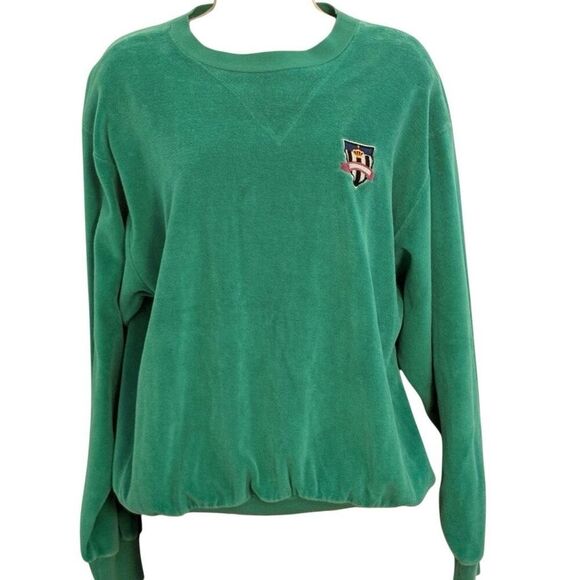 Large Vintage 90's Turquoise Velour Pullover Embroidered Crest Banded Bottom #Re - Picture 1 of 10